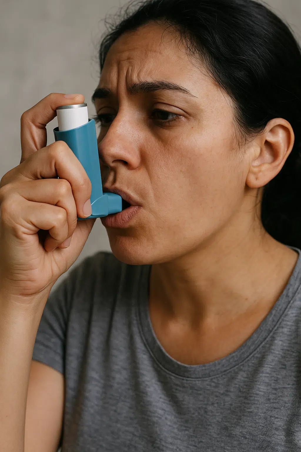Una mujer de edad adulta con asma utiliza un inhalador