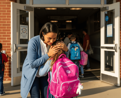 Una niña llora a la entrada al colegio mientras su madre le consuela