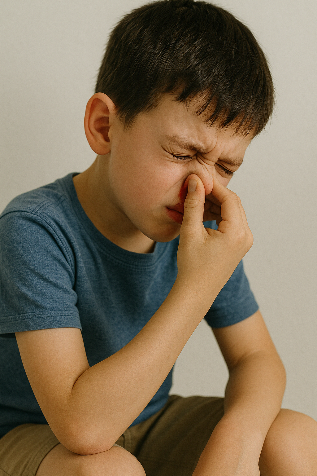 Niño con sangrado nasal se tapona la hemorragia sentado e inclinando la cabeza ligeramente hacia adelante.