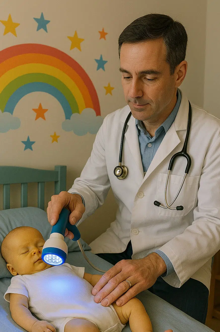 pediatra a domicilio en Madrid expone a bebé con ictericia a luz ultravioleta