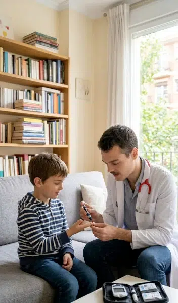 Endocrinólogo pediátrico a domicilio mide la glucosa en sangre para diagnosticar diabetes tipo 1